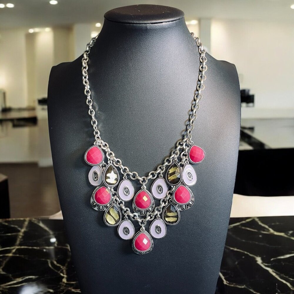 Reversible Statement Necklace Chunky‎ Pink Crystal Boho Silver Coin Layered Y2K